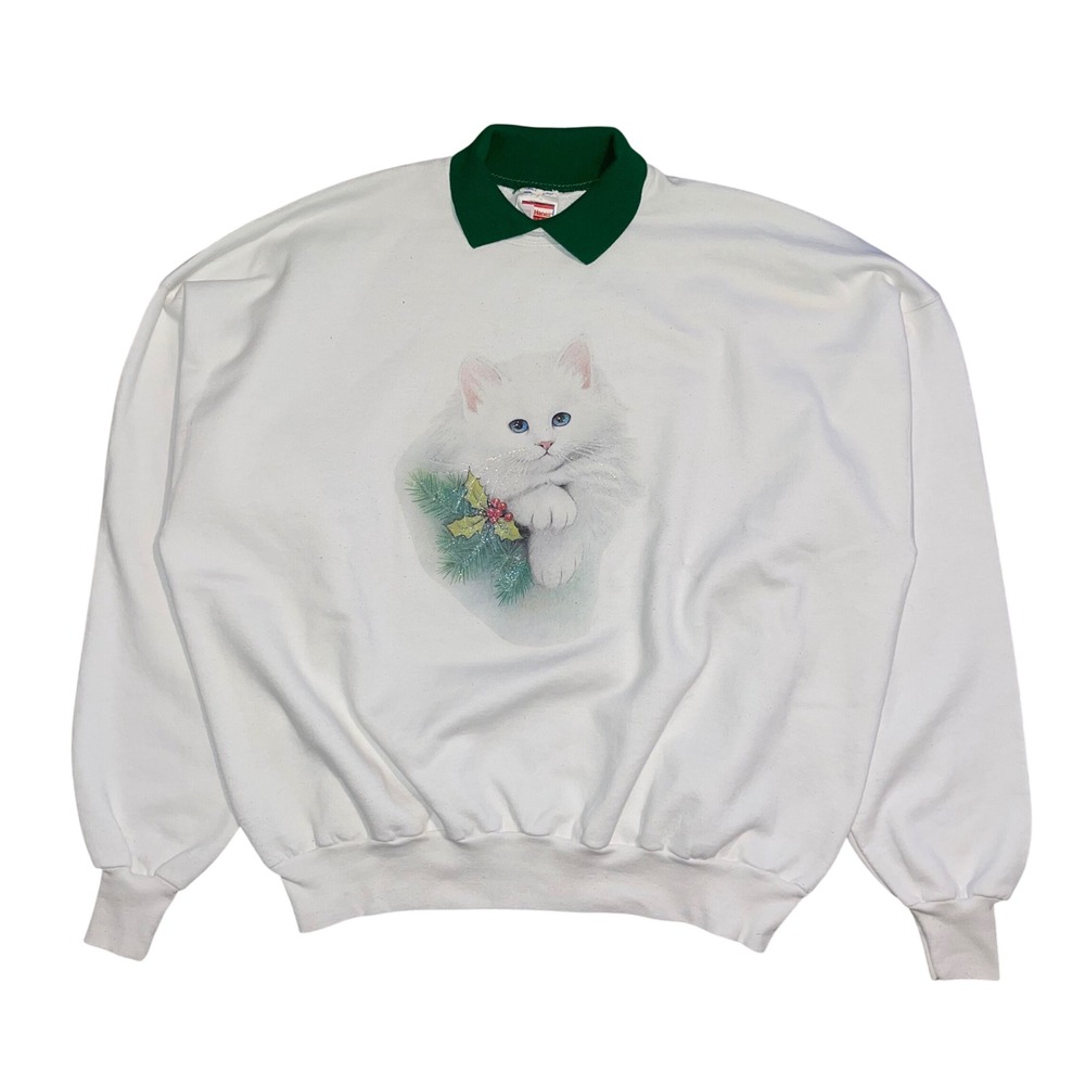 Vintage Hanes White Cat Christmas Sweatshirt Mens XXXL Green Collar 90s Graphic